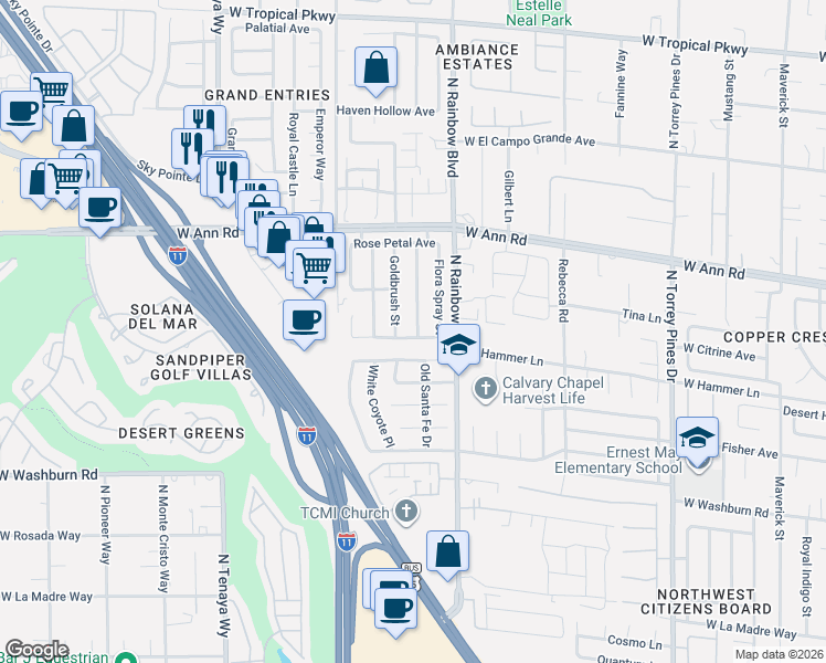 map of restaurants, bars, coffee shops, grocery stores, and more near 6713 Fruit Flower Avenue in Las Vegas