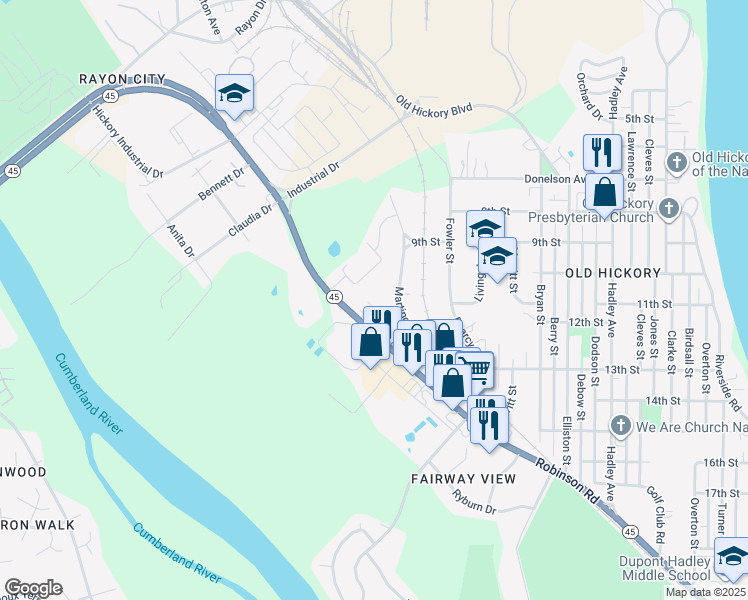 map of restaurants, bars, coffee shops, grocery stores, and more near 1241 Robinson Road in Nashville