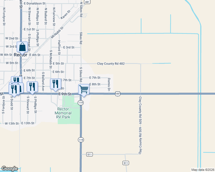 map of restaurants, bars, coffee shops, grocery stores, and more near 882 East 9th Street in Rector