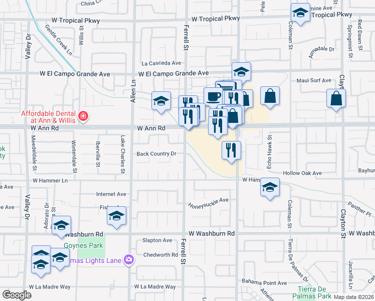 map of restaurants, bars, coffee shops, grocery stores, and more near 3317 Back Country Drive in North Las Vegas