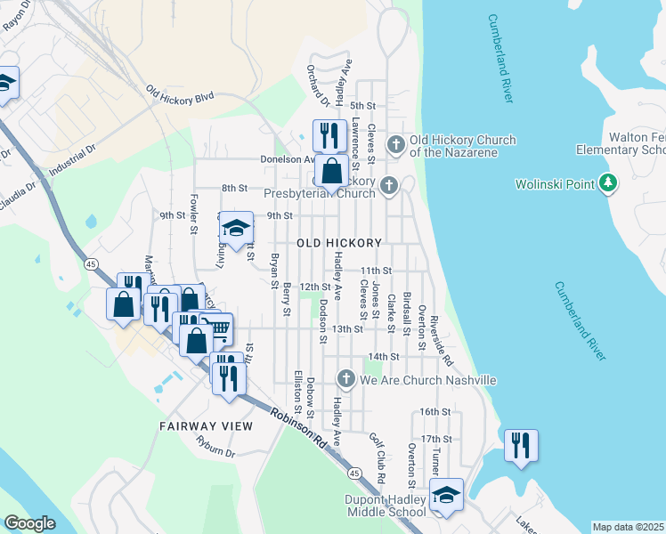 map of restaurants, bars, coffee shops, grocery stores, and more near 1100 Hadley Avenue in Nashville