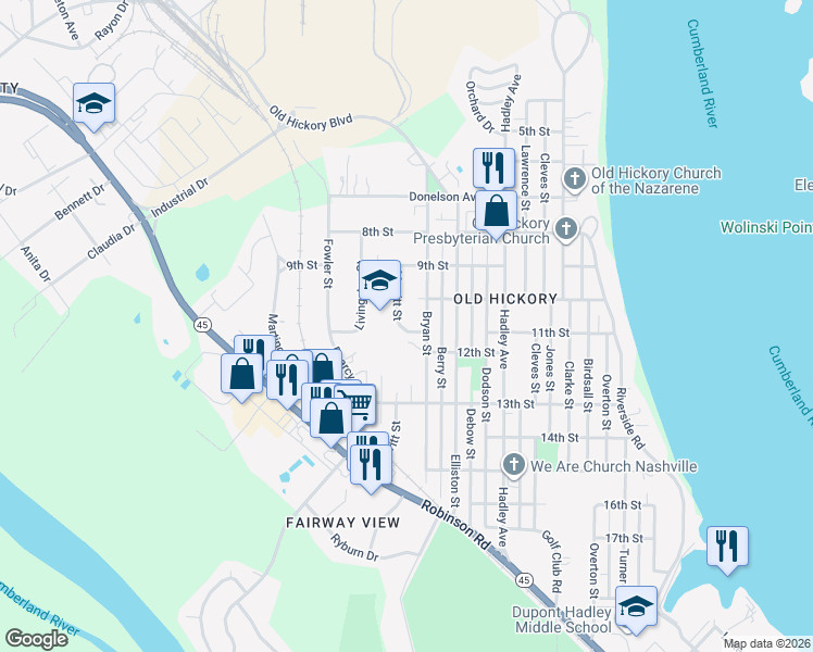 map of restaurants, bars, coffee shops, grocery stores, and more near 1011 11th Street in Nashville