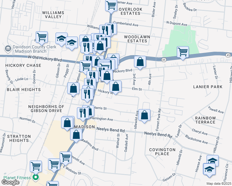 map of restaurants, bars, coffee shops, grocery stores, and more near in Nashville