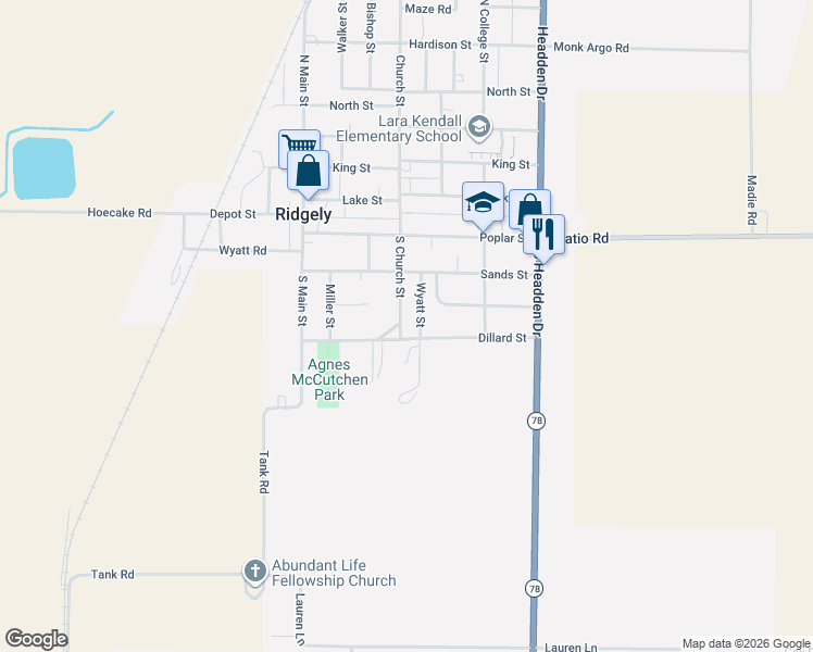 map of restaurants, bars, coffee shops, grocery stores, and more near 303-399 Dillard Street in Ridgely