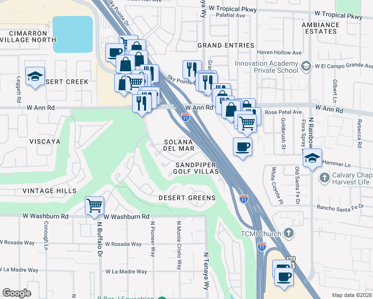 map of restaurants, bars, coffee shops, grocery stores, and more near 5437 Painted Mirage Road in Las Vegas
