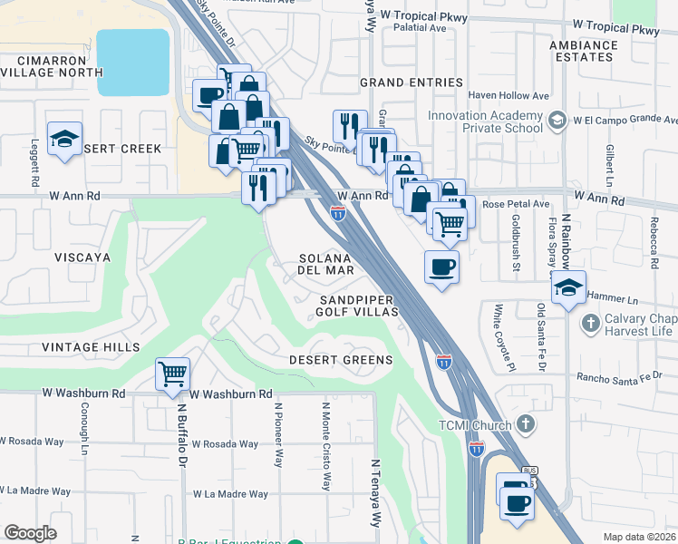 map of restaurants, bars, coffee shops, grocery stores, and more near 5437 Painted Mirage Road in Las Vegas