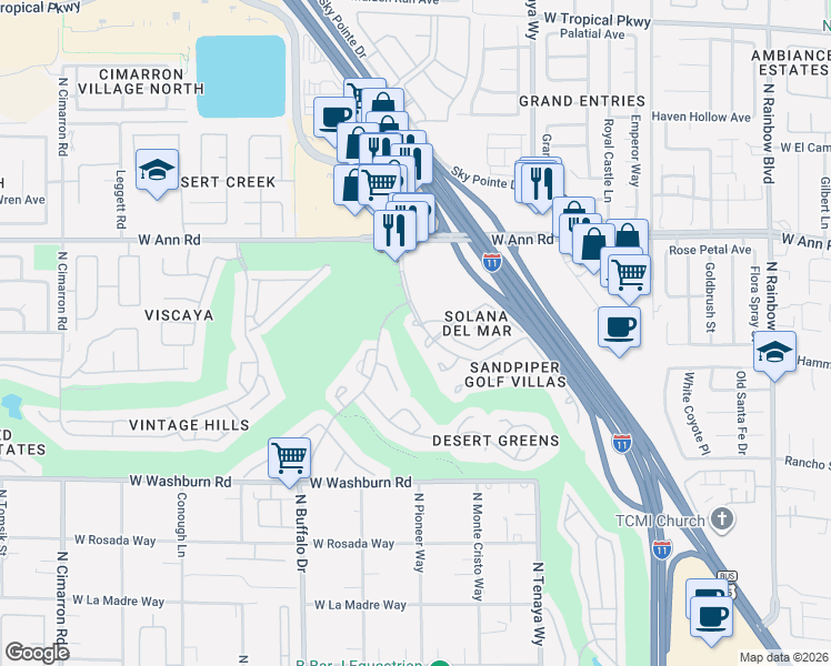map of restaurants, bars, coffee shops, grocery stores, and more near 7345 Paradiso Court in Las Vegas