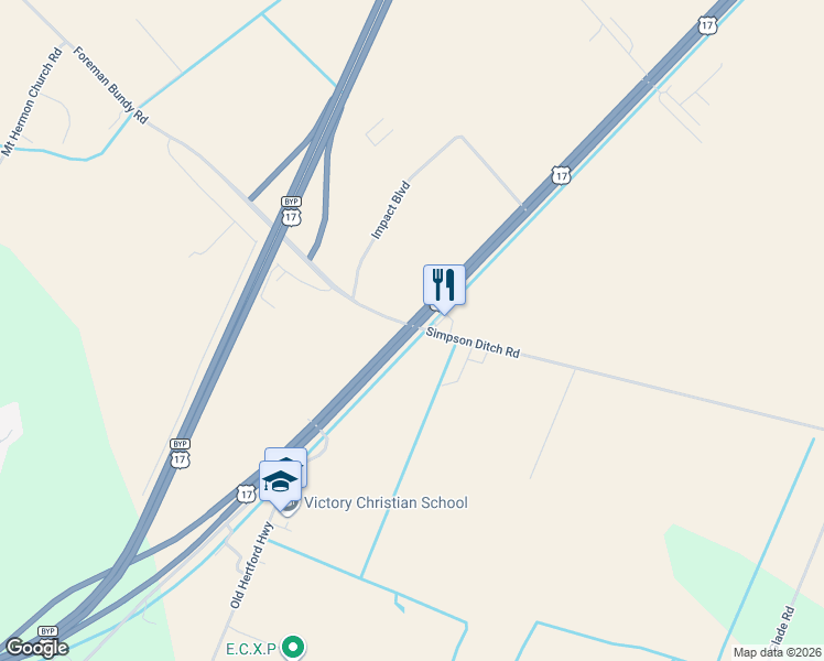 map of restaurants, bars, coffee shops, grocery stores, and more near 1358 US 17 South in Elizabeth City