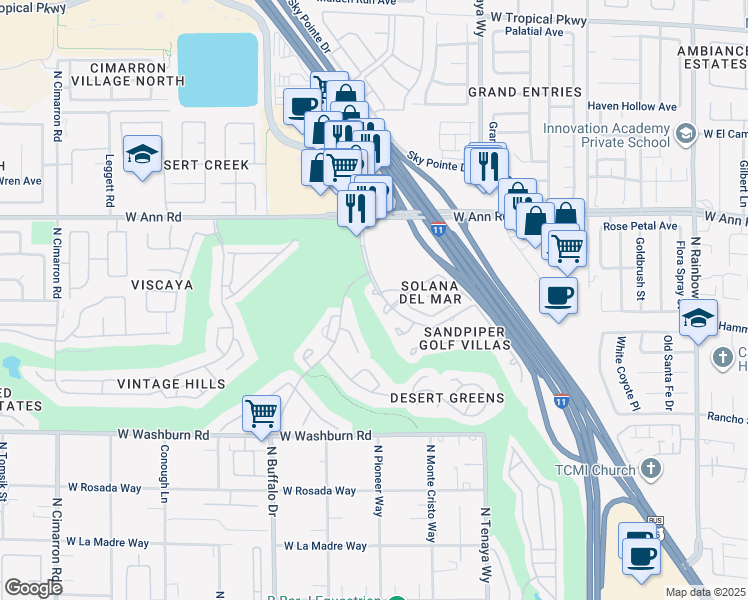 map of restaurants, bars, coffee shops, grocery stores, and more near 7345 Paradiso Court in Las Vegas