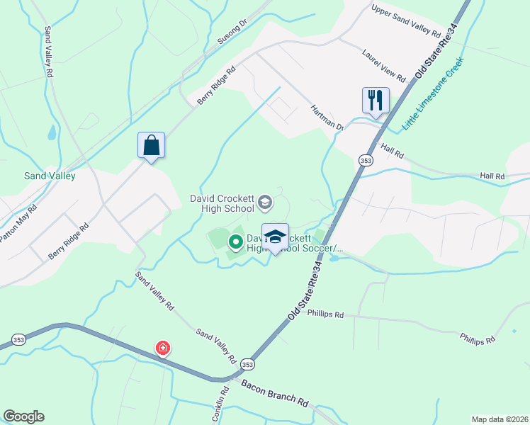 map of restaurants, bars, coffee shops, grocery stores, and more near 619 Old State Route 34 in Jonesborough