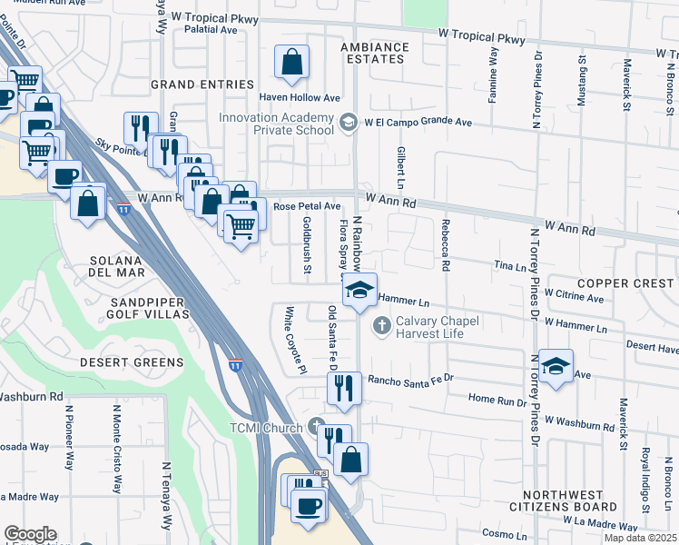 map of restaurants, bars, coffee shops, grocery stores, and more near 5409 Flora Spray Street in Las Vegas