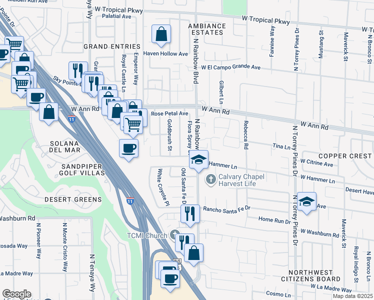 map of restaurants, bars, coffee shops, grocery stores, and more near 5409 Flora Spray Street in Las Vegas
