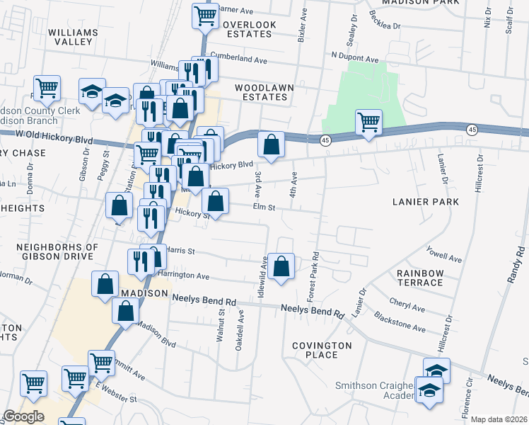 map of restaurants, bars, coffee shops, grocery stores, and more near 324 Hickory Street in Nashville