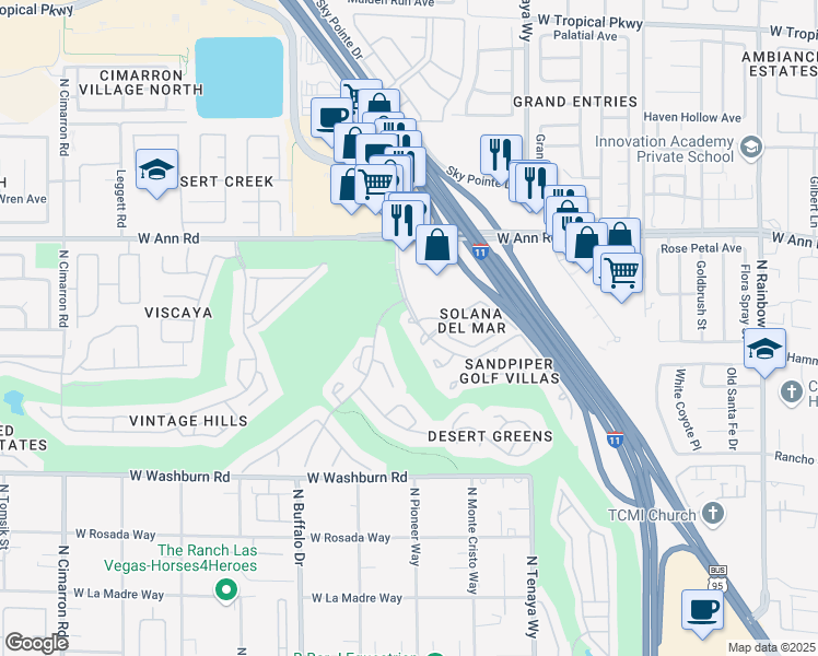 map of restaurants, bars, coffee shops, grocery stores, and more near 5481 Painted Mirage Road in Las Vegas