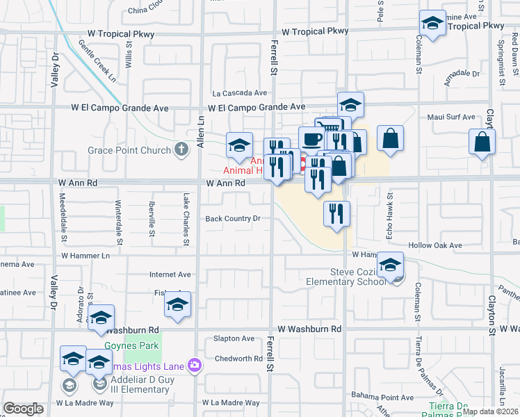 map of restaurants, bars, coffee shops, grocery stores, and more near 3343 Tara Leigh Avenue in North Las Vegas