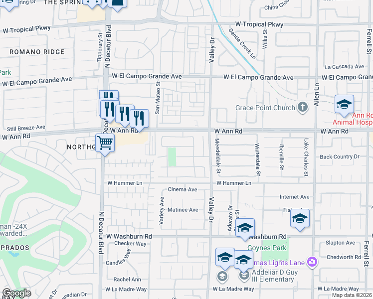 map of restaurants, bars, coffee shops, grocery stores, and more near 4347 Sunrise Shores Avenue in North Las Vegas