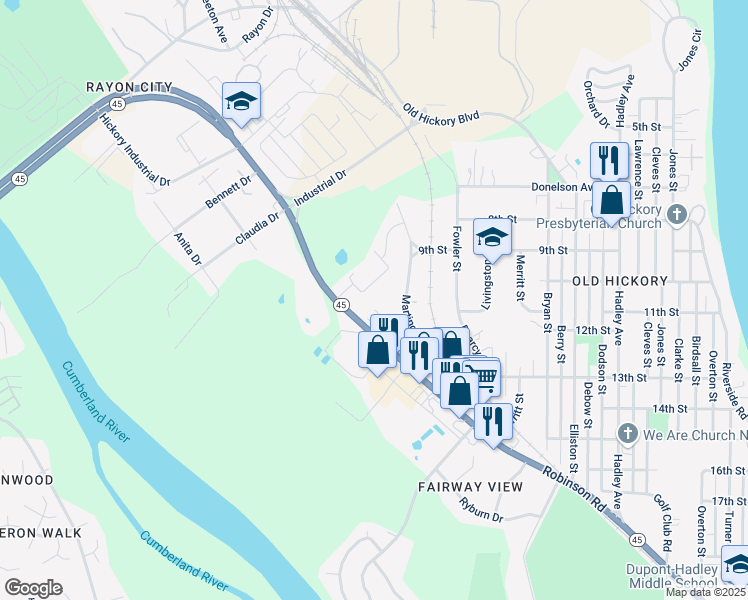 map of restaurants, bars, coffee shops, grocery stores, and more near 1241 Robinson Road in Nashville