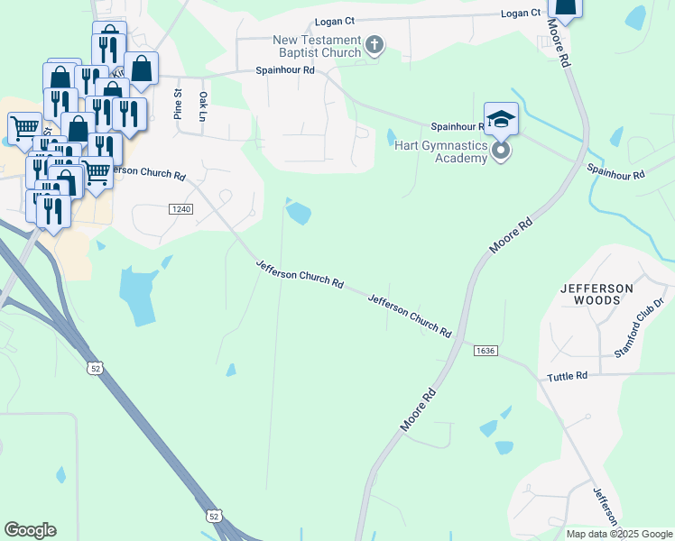 map of restaurants, bars, coffee shops, grocery stores, and more near 9585 Jefferson Church Road in Tobaccoville