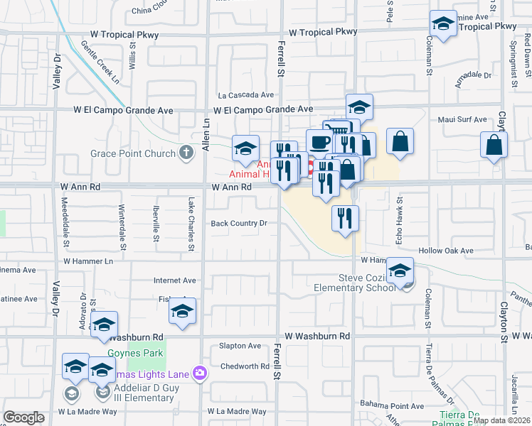 map of restaurants, bars, coffee shops, grocery stores, and more near 3343 Tara Leigh Avenue in North Las Vegas