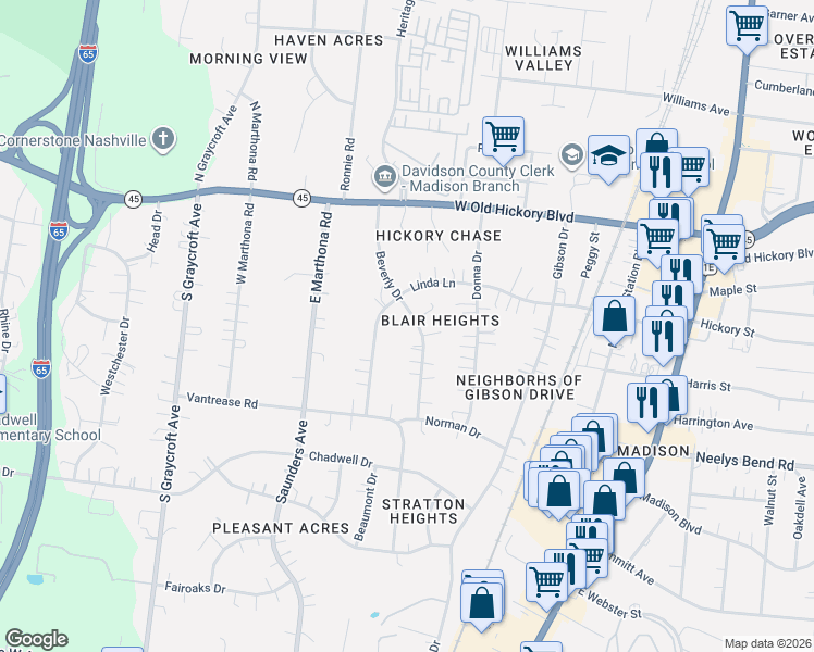 map of restaurants, bars, coffee shops, grocery stores, and more near 214 Beverly Drive in Nashville