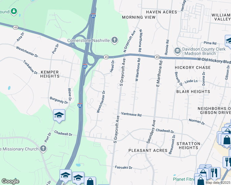 map of restaurants, bars, coffee shops, grocery stores, and more near 112 South Graycroft Avenue in Nashville