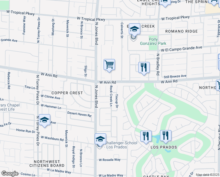 map of restaurants, bars, coffee shops, grocery stores, and more near 5517 Rock Creek Lane in Las Vegas