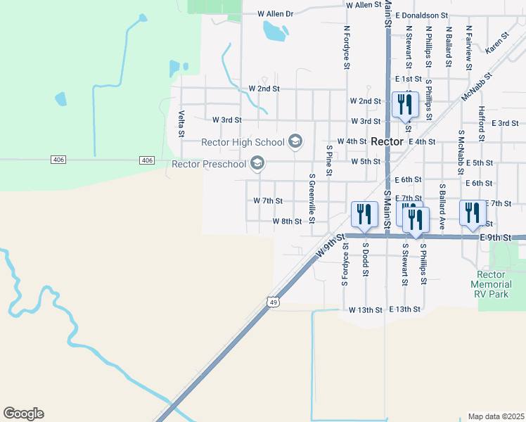 map of restaurants, bars, coffee shops, grocery stores, and more near 708 West 7th Street in Rector