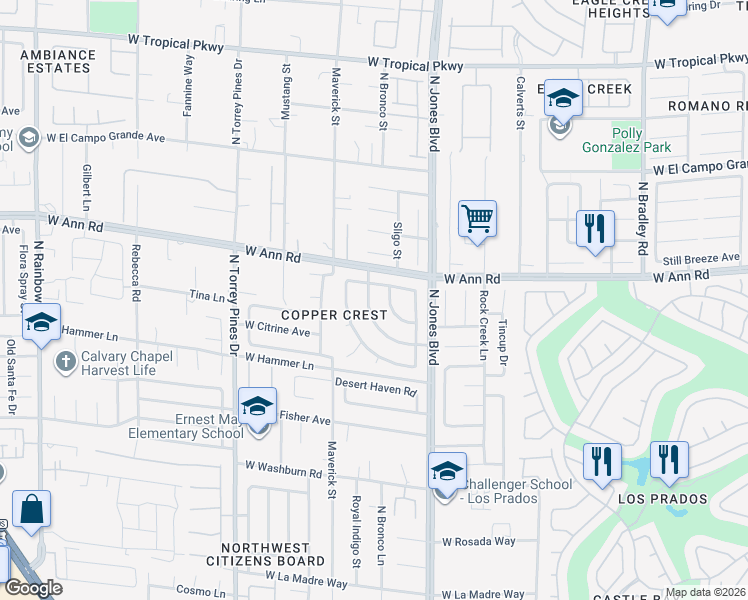 map of restaurants, bars, coffee shops, grocery stores, and more near 6156 Copper Crest Drive in Las Vegas