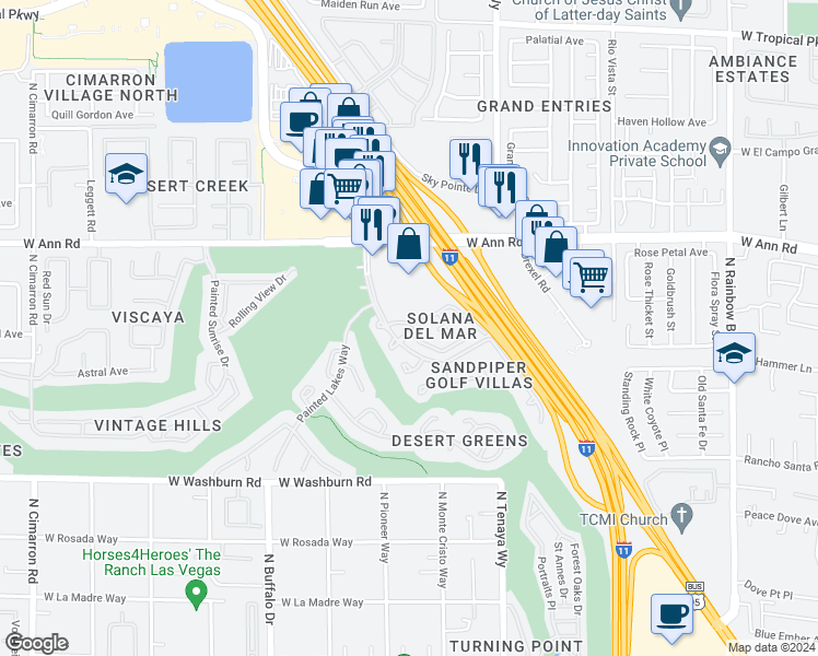 map of restaurants, bars, coffee shops, grocery stores, and more near 7305 Camrose Ridge Place in Las Vegas