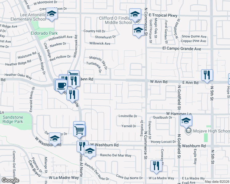 map of restaurants, bars, coffee shops, grocery stores, and more near 5517 Meridian Rain Street in North Las Vegas