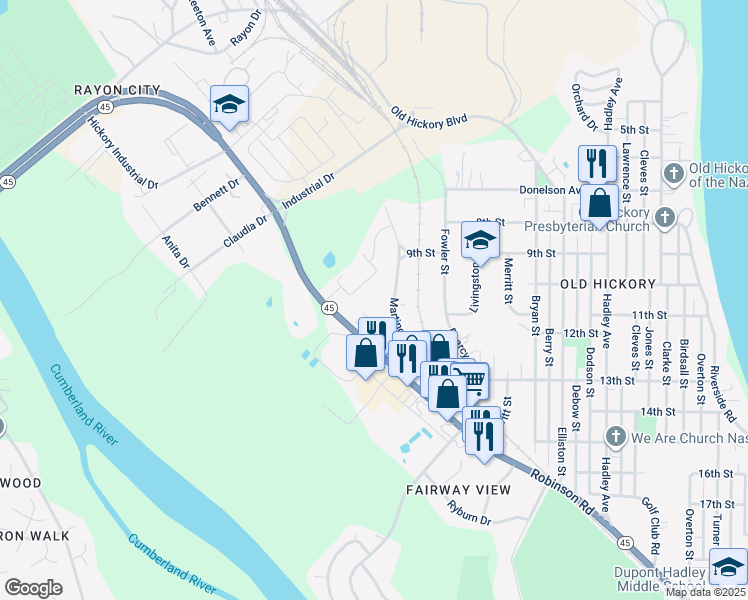 map of restaurants, bars, coffee shops, grocery stores, and more near 1205 Robinson Road in Nashville