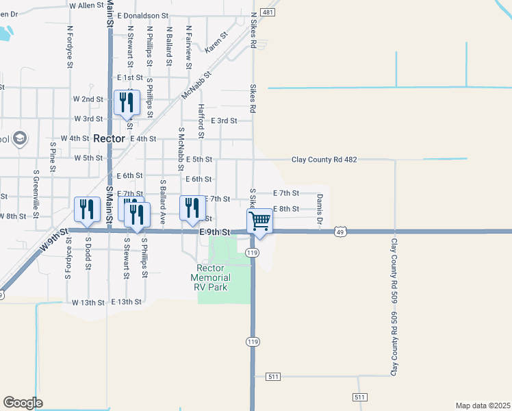 map of restaurants, bars, coffee shops, grocery stores, and more near 801 East 7th Street in Rector