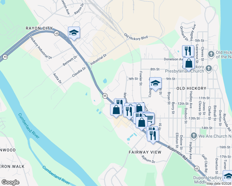 map of restaurants, bars, coffee shops, grocery stores, and more near 1205 Robinson Road in Nashville
