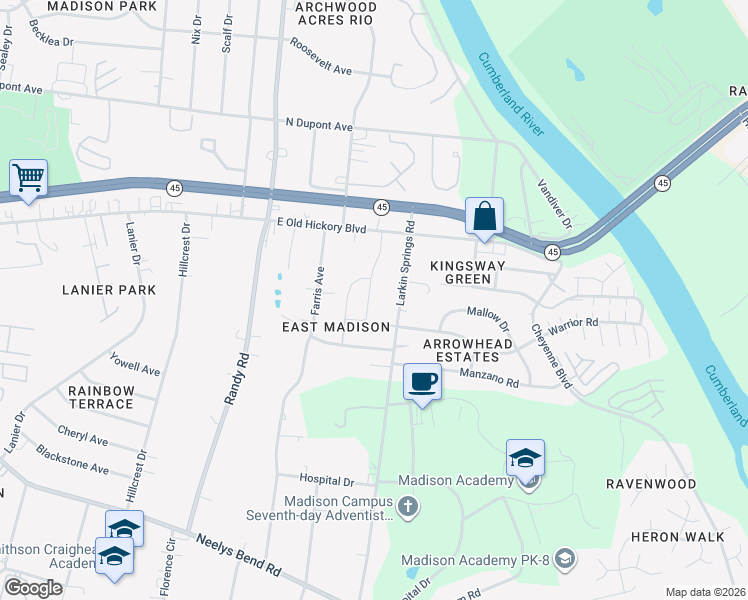 map of restaurants, bars, coffee shops, grocery stores, and more near 1020 East Old Hickory Boulevard in Nashville