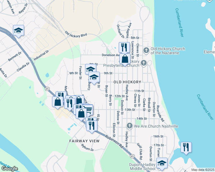 map of restaurants, bars, coffee shops, grocery stores, and more near 1009 Bryan Street in Nashville
