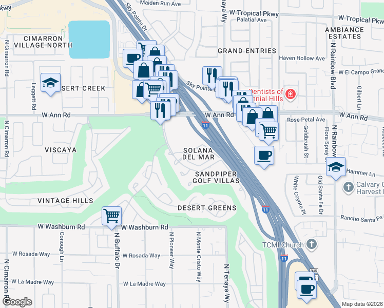 map of restaurants, bars, coffee shops, grocery stores, and more near 7280 Sheared Cliff Lane in Las Vegas