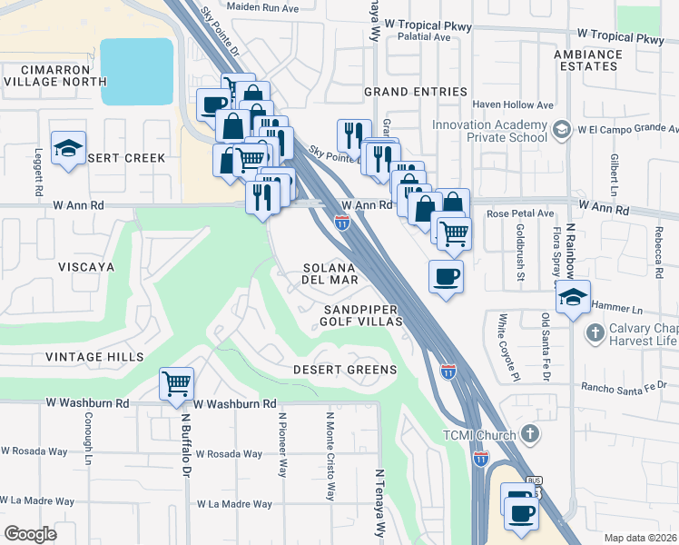 map of restaurants, bars, coffee shops, grocery stores, and more near 5450 Cardinal Ridge Court in Las Vegas