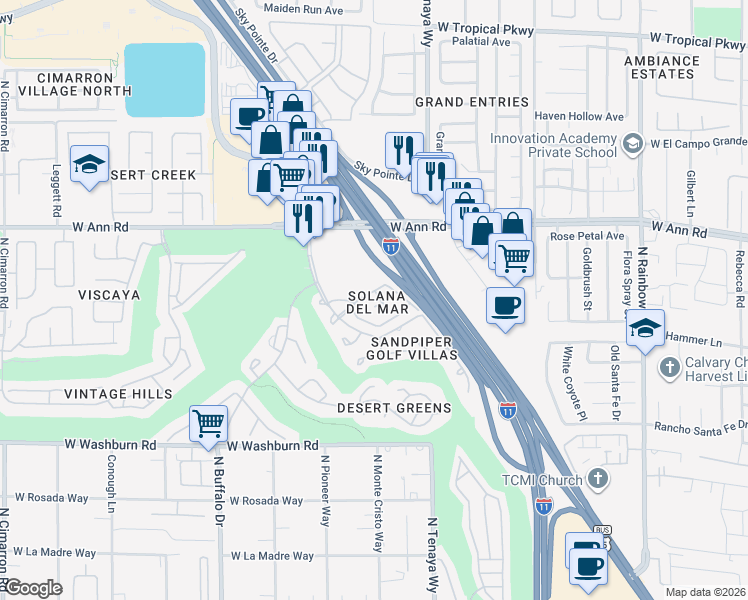 map of restaurants, bars, coffee shops, grocery stores, and more near 5465 Cardinal Ridge Court in Las Vegas