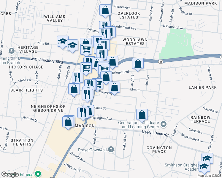 map of restaurants, bars, coffee shops, grocery stores, and more near 231 2nd Street in Nashville