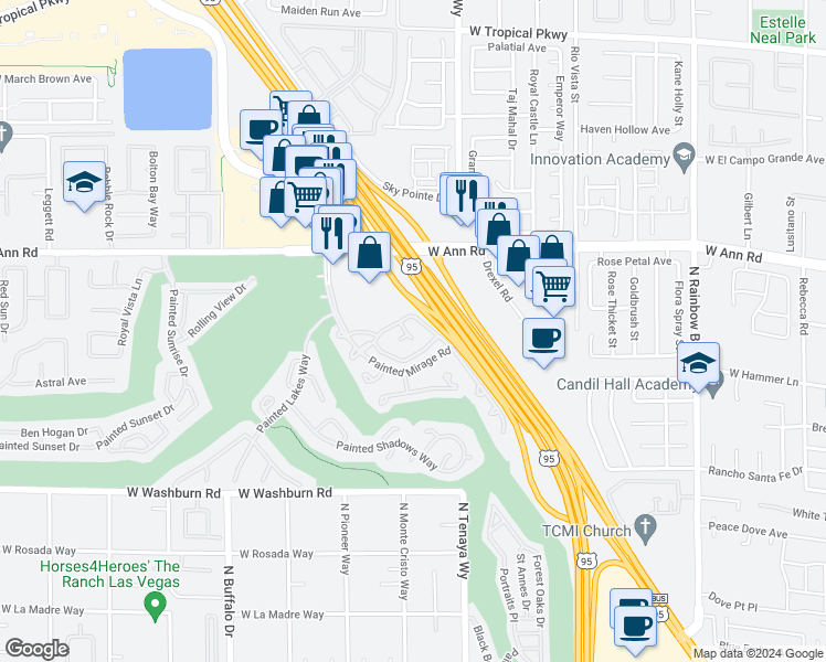 map of restaurants, bars, coffee shops, grocery stores, and more near 5450 Cardinal Ridge Court in Las Vegas