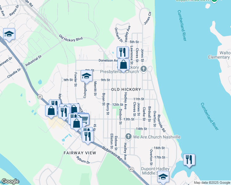 map of restaurants, bars, coffee shops, grocery stores, and more near 1004 Debow Street in Nashville