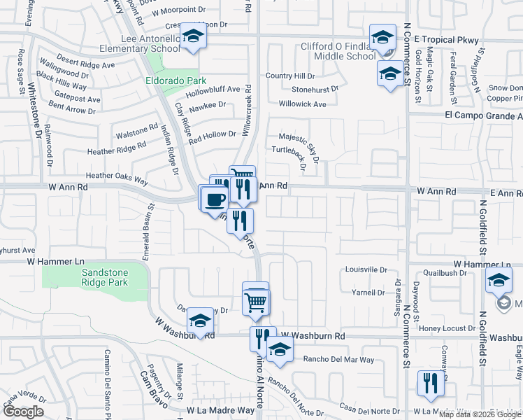 map of restaurants, bars, coffee shops, grocery stores, and more near 5523 Jose Leon Street in North Las Vegas