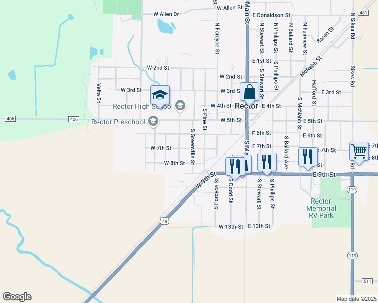 map of restaurants, bars, coffee shops, grocery stores, and more near 611 South Greenville Street in Rector