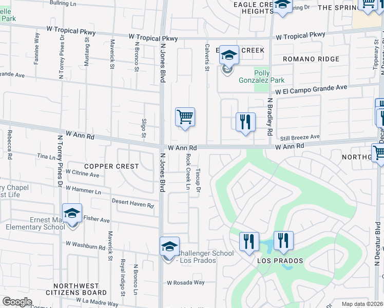 map of restaurants, bars, coffee shops, grocery stores, and more near 5524 Rock Creek Lane in Las Vegas