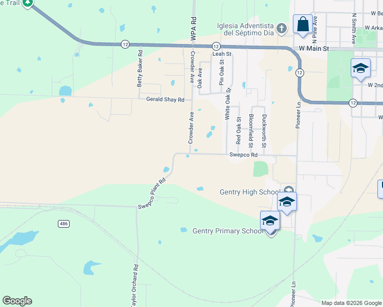 map of restaurants, bars, coffee shops, grocery stores, and more near 11967 Swepco Road in Gentry