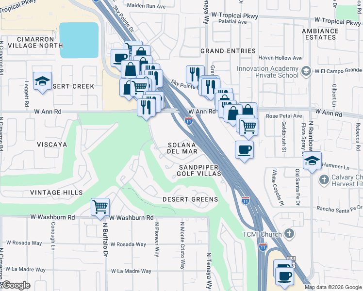 map of restaurants, bars, coffee shops, grocery stores, and more near 5465 Cardinal Ridge Court in Las Vegas
