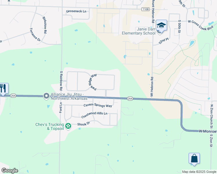 map of restaurants, bars, coffee shops, grocery stores, and more near 1800 Park Ridge Way in Cave Springs