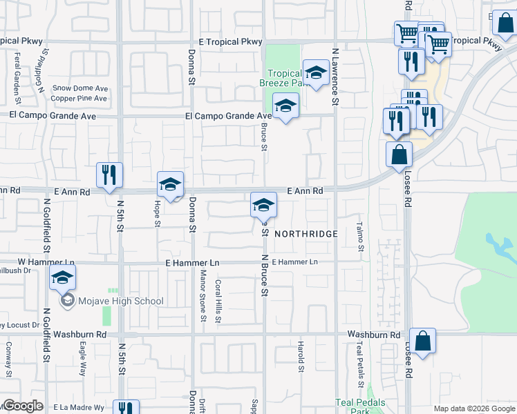 map of restaurants, bars, coffee shops, grocery stores, and more near 5528 Oatfield Street in North Las Vegas