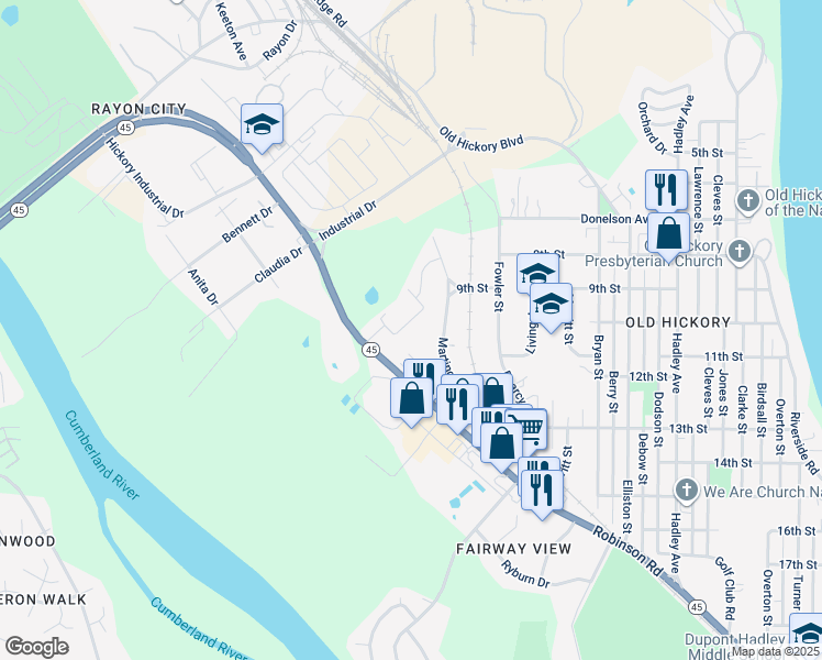 map of restaurants, bars, coffee shops, grocery stores, and more near 1205 Robinson Road in Nashville