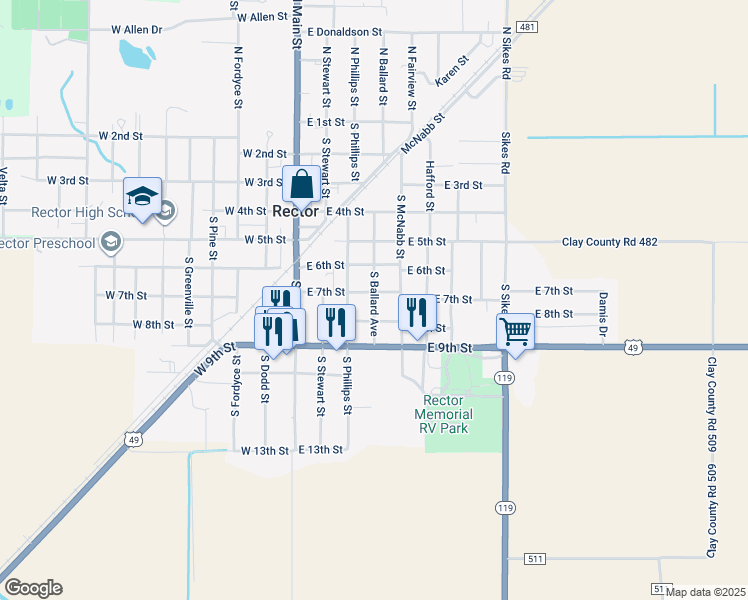 map of restaurants, bars, coffee shops, grocery stores, and more near 321 East 7th Street in Rector